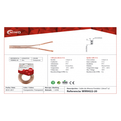 Cable de altavoz 2x1.00mm Transparente polarizado de 20m - WIR9022-20