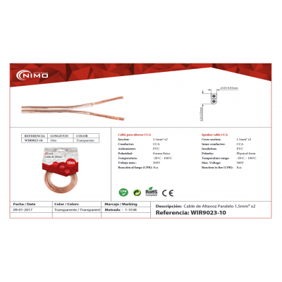 Cable de altavoz 2x1.50mm Transparente polarizado de 10m - WIR9023-10