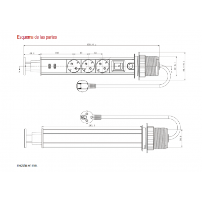 Regleta de red Tipo Torre retráctil con 3 tomas Schuko y 2 USB 2.1A, 1.5m