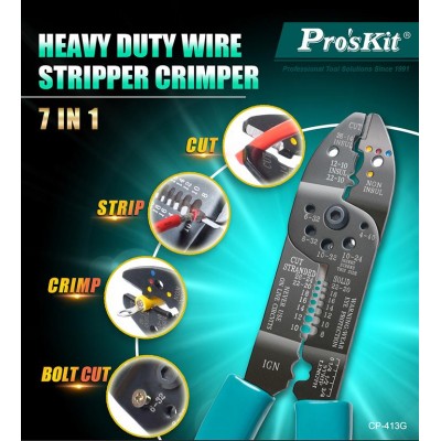 CP-413G Tenaza Crimpadora, Pela, Corta Cables y Tornillos para Terminales aislados y no aislados de Proskit