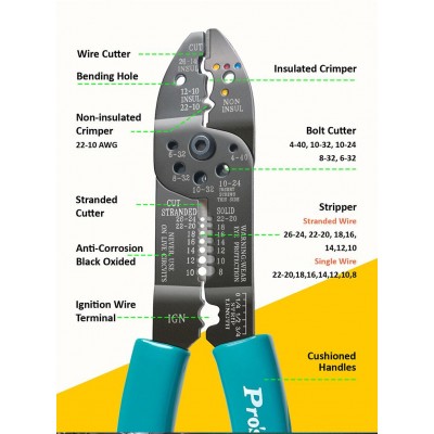 CP-413G Tenaza Crimpadora, Pela, Corta Cables y Tornillos para Terminales aislados y no aislados de Proskit