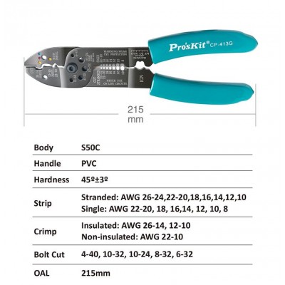 CP-413G Tenaza Crimpadora, Pela, Corta Cables y Tornillos para Terminales aislados y no aislados de Proskit