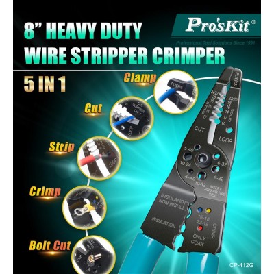 CP-412G Tenaza Crimpadora, Pela, Corta Cables y Tornillos para Terminales aislados y no aislados de Proskit
