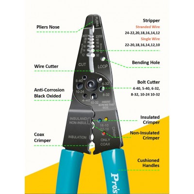 CP-412G Tenaza Crimpadora, Pela, Corta Cables y Tornillos para Terminales aislados y no aislados de Proskit