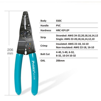 CP-412G Tenaza Crimpadora, Pela, Corta Cables y Tornillos para Terminales aislados y no aislados de Proskit