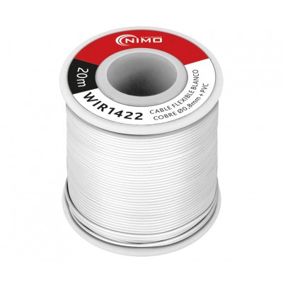 Rollo de Cable Flexible 0.8mm, Cobre estañado, carrete 20m en PVC BLANCO