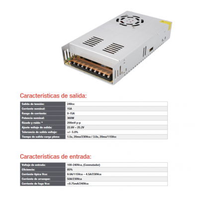 Fuente de alimentación conmutada 24V/360W/15A ALM314