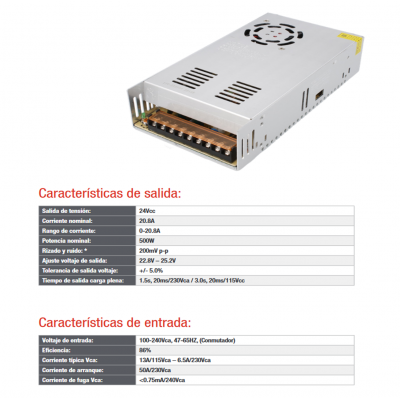 Fuente de alimentación conmutada 24v/500W/20.8A - ALM335