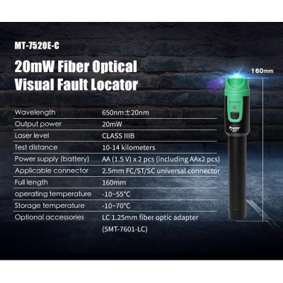 MT-7520E Visualizador de fallos en fibra óptica 20mW 10-14Km