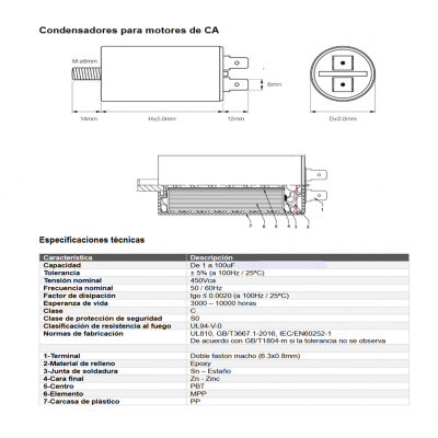 KONEK Condensador de arranque de motor 40MF MPE0400J450LD