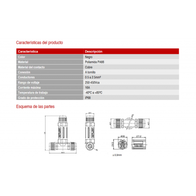 Conector derivador eléctrico estanco IP68 en T, 3 vías (Bolsa 2 unidades) - CON5211