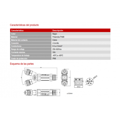 Conector derivador eléctrico estanco IP68 en Y, 3 vías (Bolsa 2 unidades) - CON5212