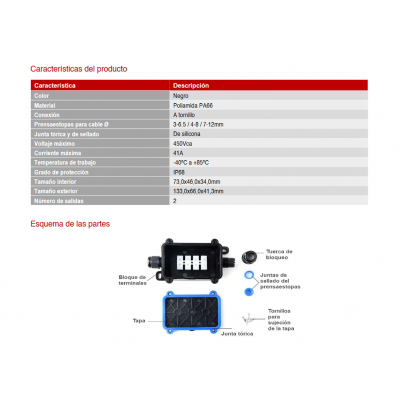 Caja para empalmes y derivaciones eléctricas IP68 2 vías (Bolsa 2 unidades) - BOX1000