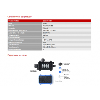 Caja para empalmes y derivaciones eléctricas IP68 3 vías (Bolsa 2 unidades) - BOX1001