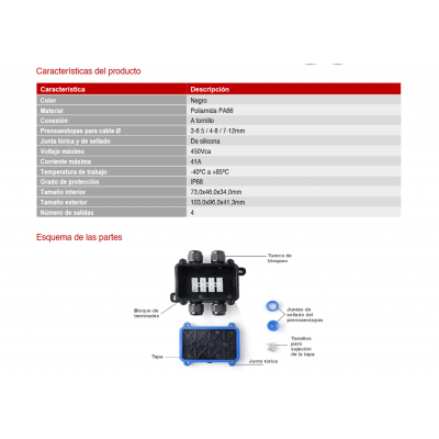 Caja para empalmes y derivaciones eléctricas IP68, 4 vías (Bolsa 2 unidades) - BOX1002