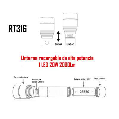 RT316 Linterna recargable de alta potencia 1 LED 20W 2000Lm