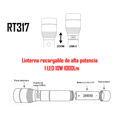 RT317 Linterna recargable de alta potencia 1 LED 10W 1000Lm