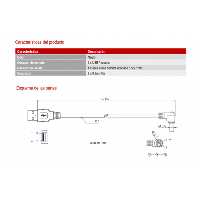 Conexión de USB-A 2.0 a Jack hueco 5.5x2.1mm hembra acodado, 0.5M - WIR1919