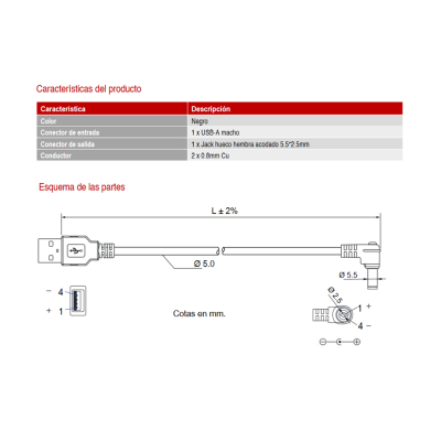 Conexión de USB-A 2.0 a Jack hueco 5.5x2.5mm hembra acodado, 1.0M - WIR1917