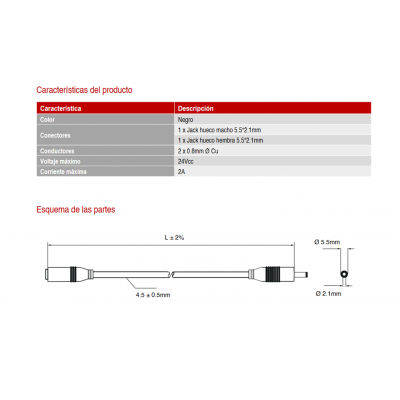 Conexión de Jack hueco 5.5x2.1mm Macho Hembra, 5.0M - WIR1904