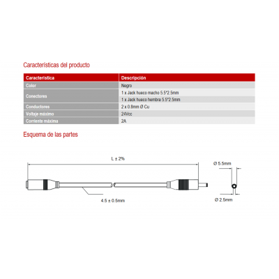 Conexión de Jack hueco 5.5x2.5mm Macho Hembra, 3M - WIR1907