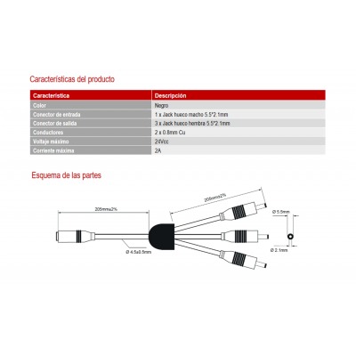 Distribuidor jack hueco  5.5x2.1mm, 1Macho a 3Hembras, de 0.2m - WIR1910