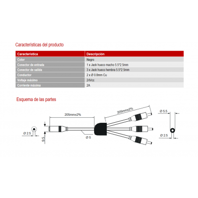 Distribuidor jack hueco jack hueco 5.5x2.5mm, 1Macho a 3Hembras, de 0.2m - WIR1911