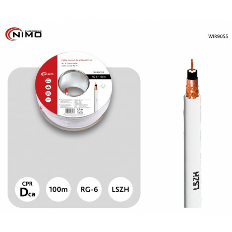 Carrete de cable coaxial de antena blanco 6.8mm, 100m - WIR9055