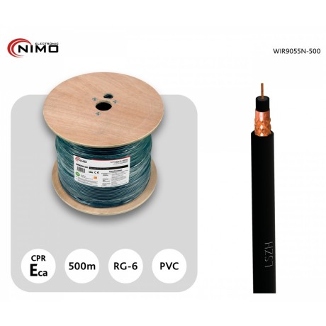 Carrete de cable coaxial de antena negro RG-6, 500M - WIR9055N-500