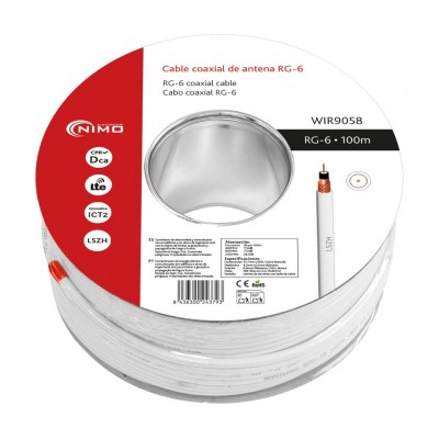 Carrete de cable coaxial de antena RG-6 blanco 6,8mm, 100m - WIR9058