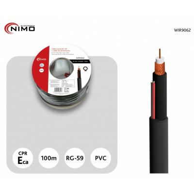Carrete de Cable Coaxial RG59 75 Ohm + alimentación, carrete 100m Negro - WIR9062