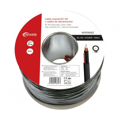 Carrete de Cable Coaxial RG59 75 Ohm + alimentación, carrete 100m Negro - WIR9062
