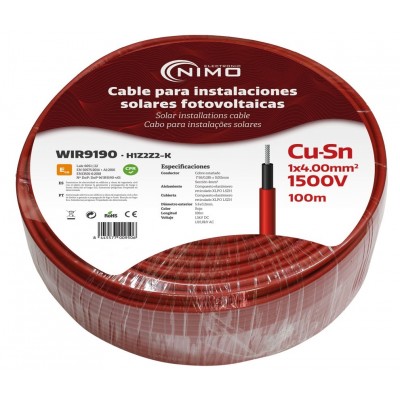 Cable para conexión de Placas Solares Cu-Sn 4mm² Doble capa XLPO Rojo, 100m