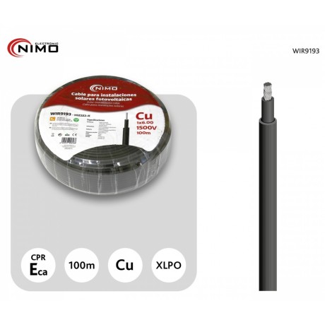 Cable para conexión de Placas Solares Cu-Sn 6.0mm2 Doble capa XLPO Negro, 100m
