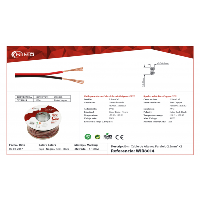 Cable altavoz Cobre Libre Oxígeno Rojo-Negro, 100m - WIR8014