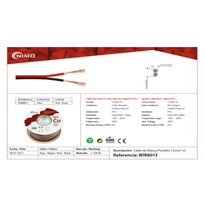 Cable altavoz Cobre Libre Oxígeno Rojo-Negro, 100m - WIR8013