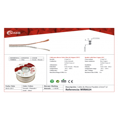 Cable altavoz Cobre Libre Oxígeno Transparente polarizado, 100m - WIR8024