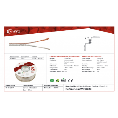 Cable altavoz Cobre Libre Oxígeno Transparente polarizado, 100m - WIR8023