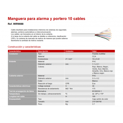 Manguera de 10 cables en CCA para alarma y portero con CPR, 100M - WIR9088