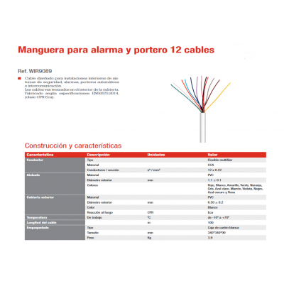 Manguera de 12 cables en CCA para alarma y portero con CPR, 100M - WIR9089