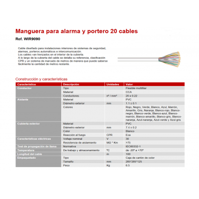 Manguera de 20 cables en CCA para alarma y portero con CPR, 100M - WIR9090
