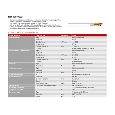 Rollo de Cable para alarma y portero libre de Halógenos LSZH y CPR, 100M - WIR9092