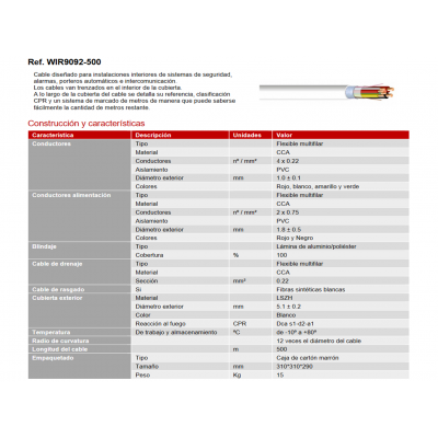 Rollo de Cable para alarma y portero libre de Halógenos LSZH y CPR, 500M - WIR9092-500