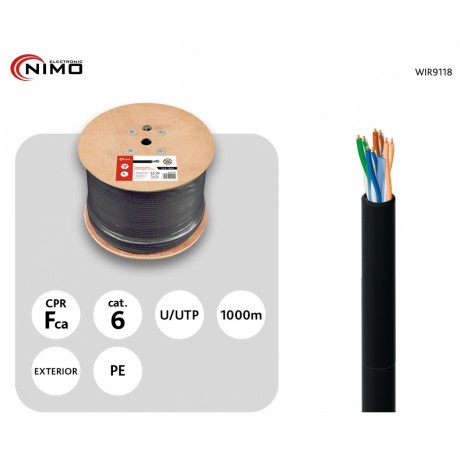 Cable para Datos UTP CCA Cat.6e exterior rígido 1000m, Carrete madera - WIR9118
