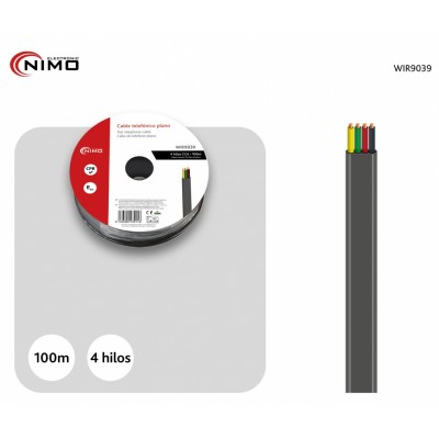 Rollo de cable telefónico, plano, negro, 4 hilos, 100m - WIR9039