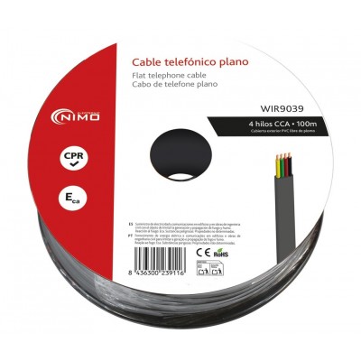 Rollo de cable telefónico, plano, negro, 4 hilos, 100m - WIR9039