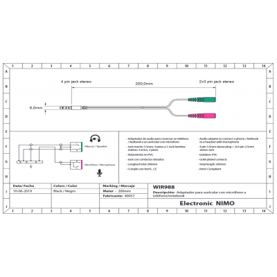 Adaptador jack 3,5mm 4pin Macho (estéreo+micro) a 2xJack Hembra estéreo 0.2m - WIR988