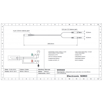 Adaptador Jack 3,5mm 4pin Hembra (estéreo+micro) a 2xJack Macho estéreo 0.2m - WIR989