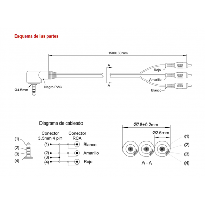 Conexión 3RCA macho a Jack 4 pin 3,5mm macho 1,50m - WIR275