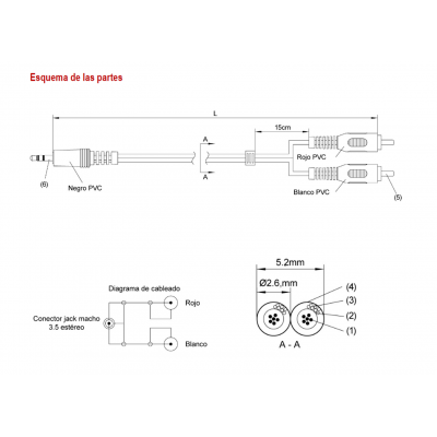 Conexión 2 RCA macho a Jack macho 3,5mm estéreo 5.00m - WIR328